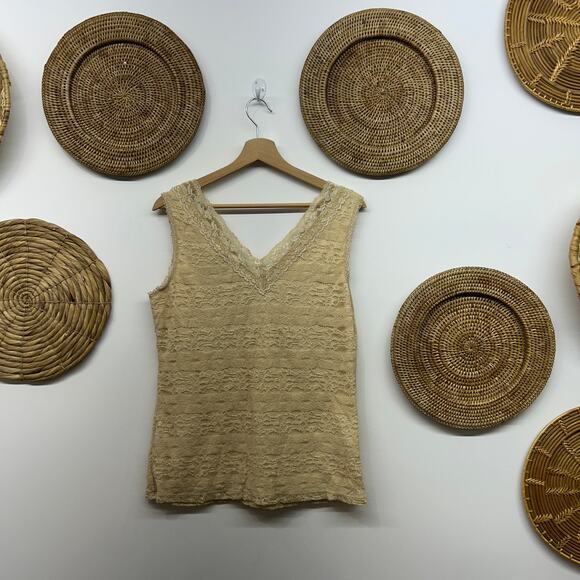 Vintage Y2K 2000s New York & Co Lace Tank Top Large Neutral Cream Seamed Bodice - Picture 2 of 5